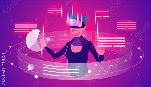 Woman in VR headset exploring digital interface and working with data. Concept of virtual or augmented reality, interactive experience. Modern flat vector illustration.