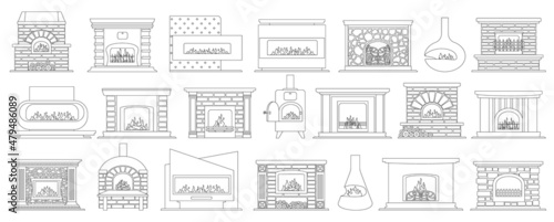 Fireplace isolated outline set icon. Vector illustration house hearth on white background. Vector outline set icon fireplace .