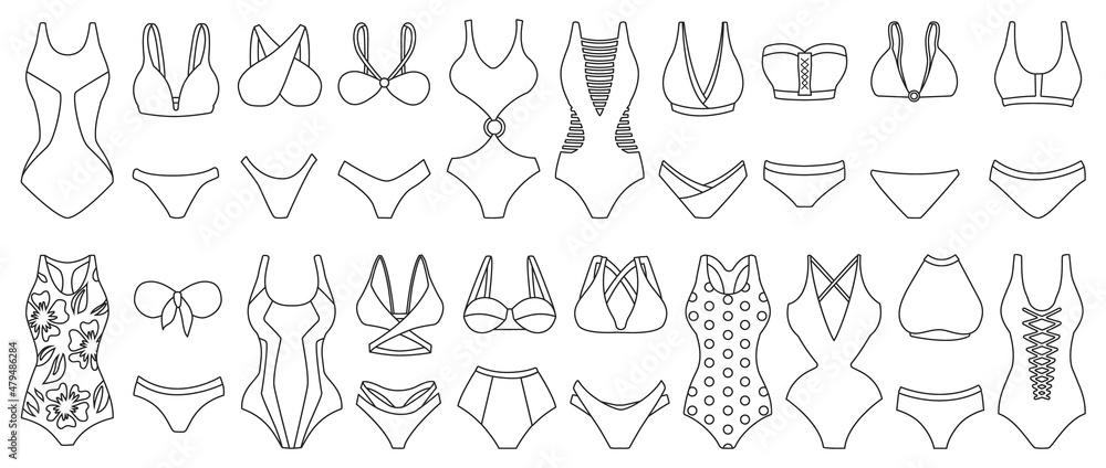 Fototapeta premium Swimsuit vector outline set icon. Vector illustration swimwear on white background. Isolated outline set icon swimsuit .