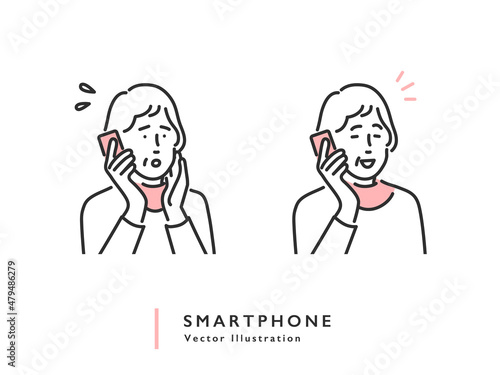 携帯電話で通話するシニアの女性のイメージイラスト素材