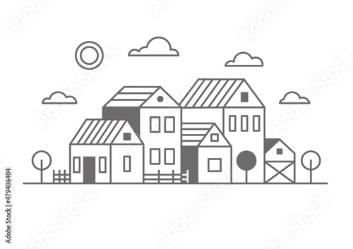 Suburban neighborhood landscape. Silhouette of houses on the skyline. Countryside cottage homes. Outline vector illustration.