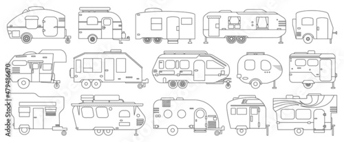 Truck trailer isolated outline set icon. Vector illustration campsite van on white background.Outline set icon truck trailer .
