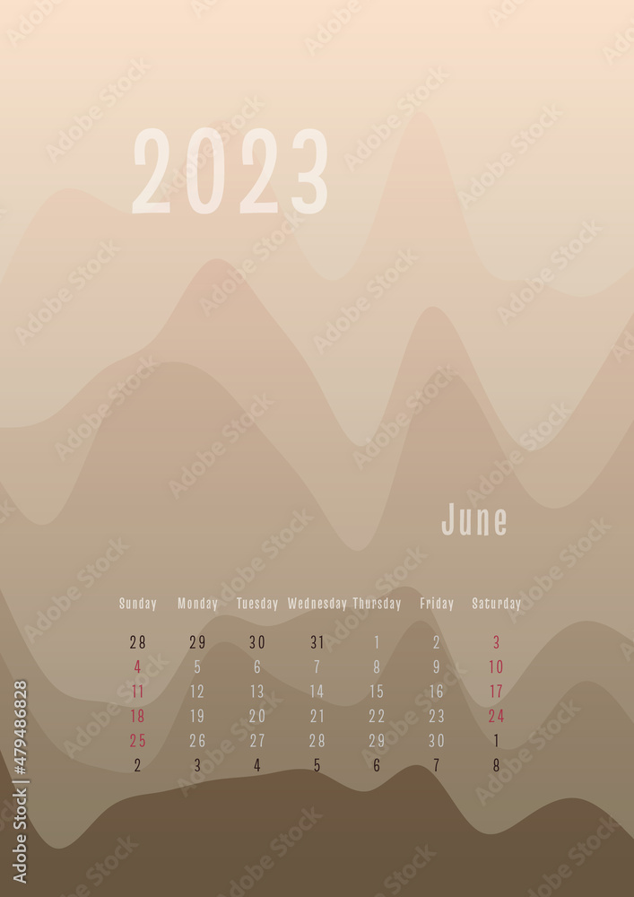 2023 june vertical calendar every month separately. monthly personal planner template. Peak silhouette abstract gradient colorful background, design for print and digital