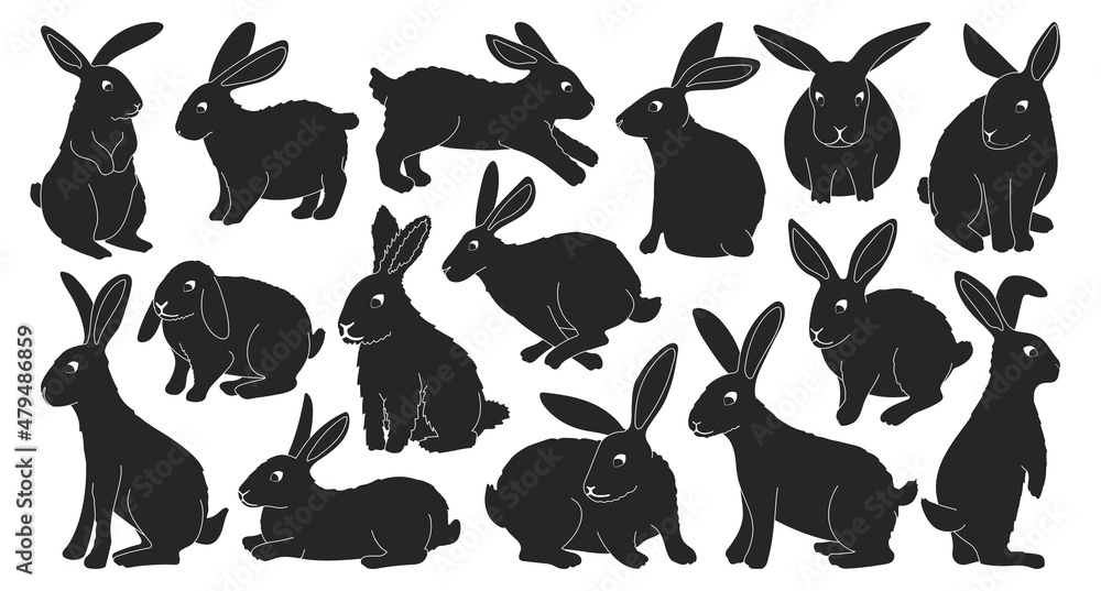 Rabbit vector black icon set . Collection vector illustration bunny on white background. Isolated black icon set fluffy rabbit for web design.
