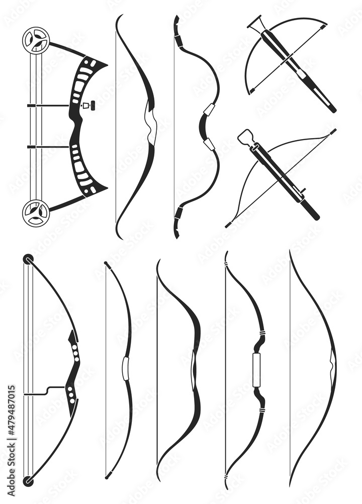 Bow weapon vector black set icon. Vector illustration longbow on white
