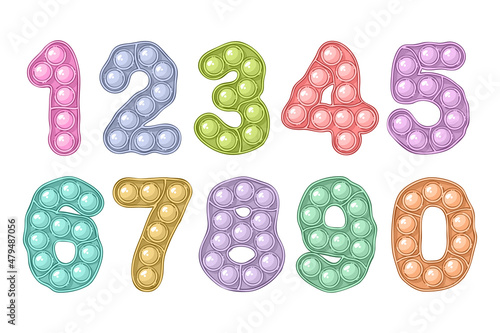 Numbers from 1 to 9 and 0 pop it. Popit numbers set in style of trendy silicon fidget colorful toys. Bubble sensory shape. Isolated cartoon vector illustration.