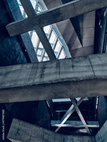 Interior view of Fovam ter metro station in Budapest, Hungary. It has an award winning modern architecture design with reinforced concrete beams . photo