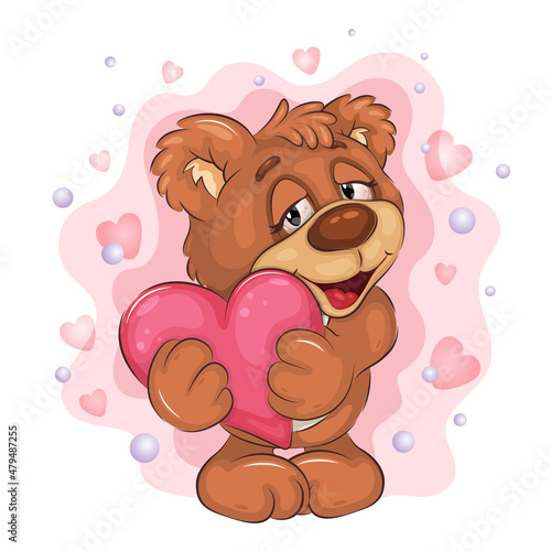 Cute Teddy Bear with Heart. Cute illustration of Teddy Bear holding a heart in its paws. Clipart for Valentine's Day. Unique design, Children's illustration.