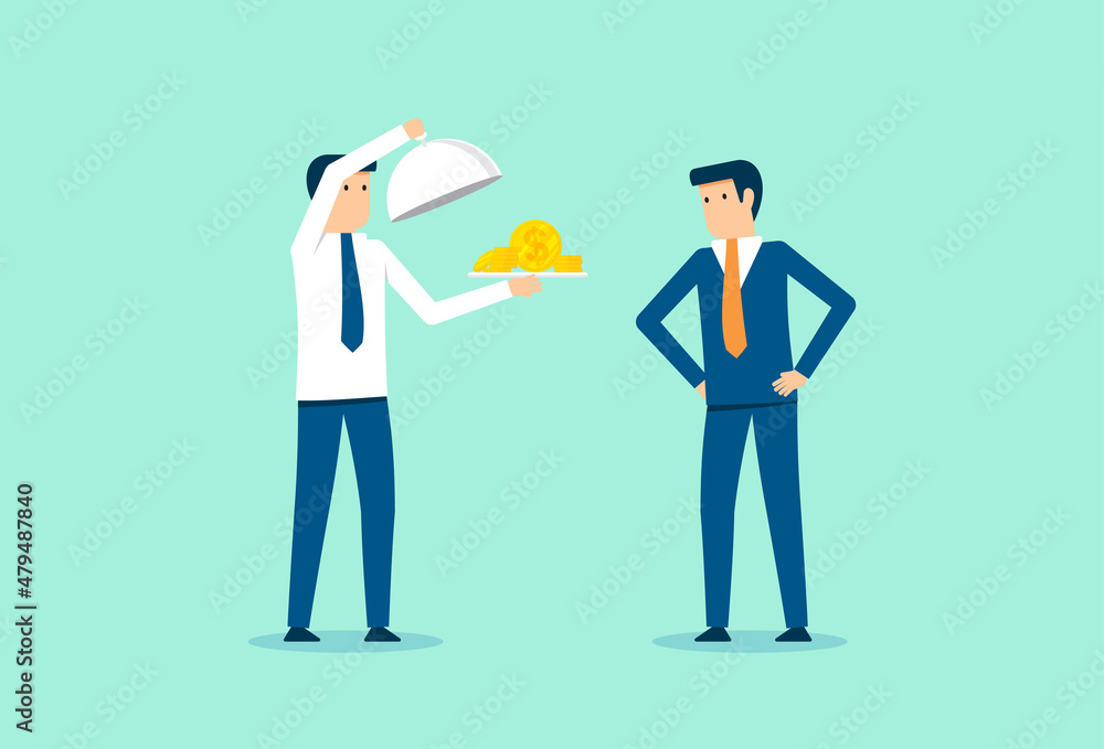 Businessman giving profit to boss, US dollar coin in a food cloche, food dome serving tray, making money Businessman giving profit to boss, US dollar coin in a food cloche, food dome serving tray, making money