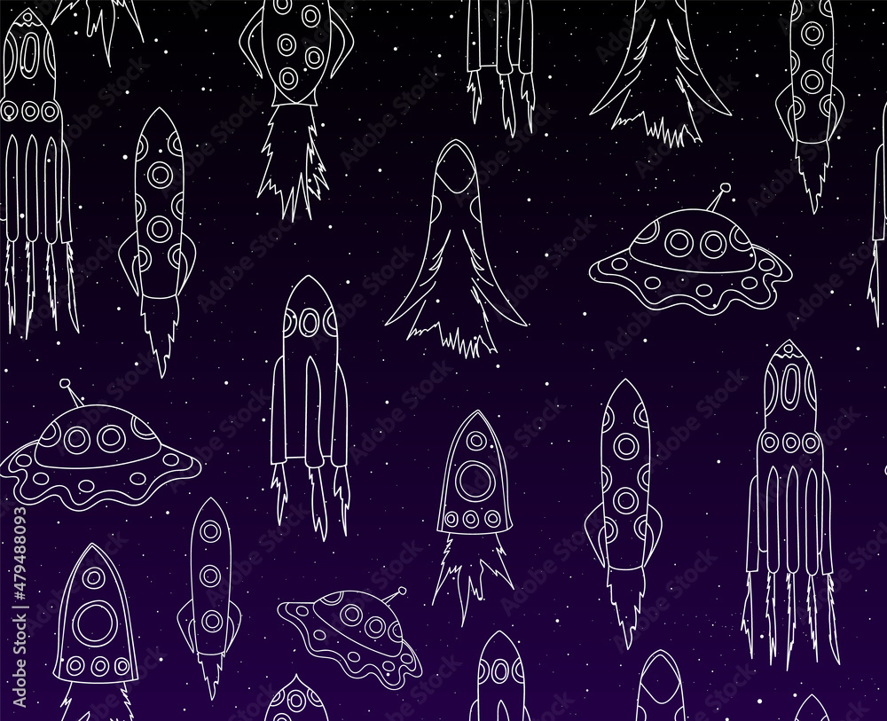 Handwritten astronomical vector seamless pattern with rockets, various space shuttles