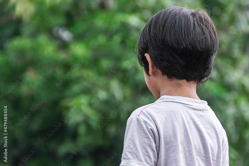 a cute and brave little boy standing on the park with the back view ready to play and having fun with beautiful green garden background a cute and brave little boy standing on the park with the back view ready to play and having fun with beautiful green garden background