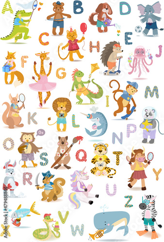 Fototapeta Naklejka Na Ścianę i Meble -  Alphabet poster for kids. Educational preschool learning ABC with animal and cartoon vector illustration set.