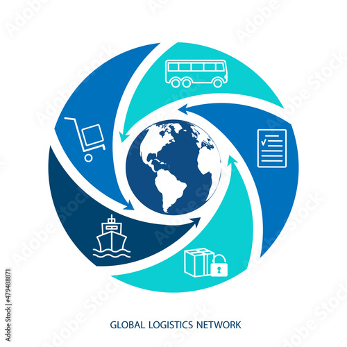 Global logistics network. Map global logistics partnership connection in blue.  White similar world map and logistics icons for your design.   EPS10.