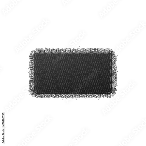 Rectangular black denim patch with fringed edge vector illustration isolated.