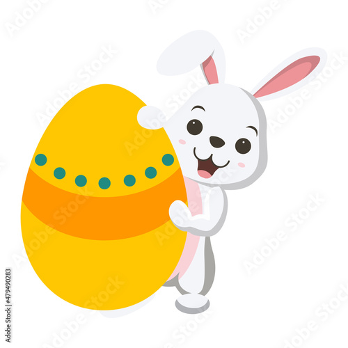 Cute little white bunny holding Easter egg