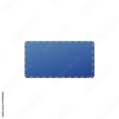 Blue denim sticker patch in realistic style, vector illustration isolated on white background.