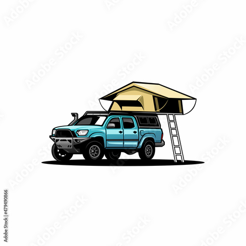 camper truck with roof top tent illustration vector