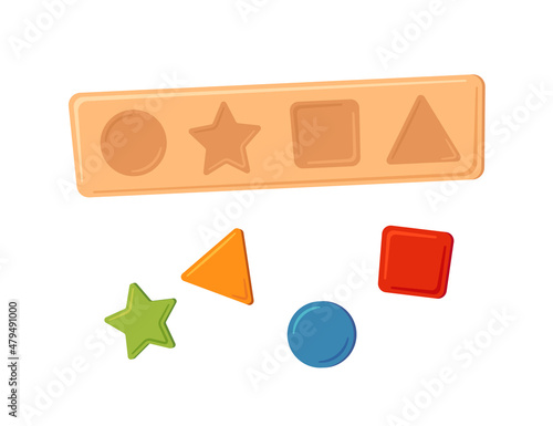Montessori education logic toy. Baby multicolored sorter. Children wooden toy for preschool kids. Montessori system for early childhood development. Vector illustration isolated on white background.