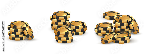 Set of three stacks of golden with black poker chips, tokens on white background. Vector illustration for casino, game design, flyer, poster, banner, web, advertising.