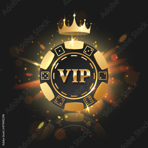 Black poker chip, gold letters VIP with golden light, rays, glare, sparkles and crown on black. Vector illustration for card, casino, game design, advertising.