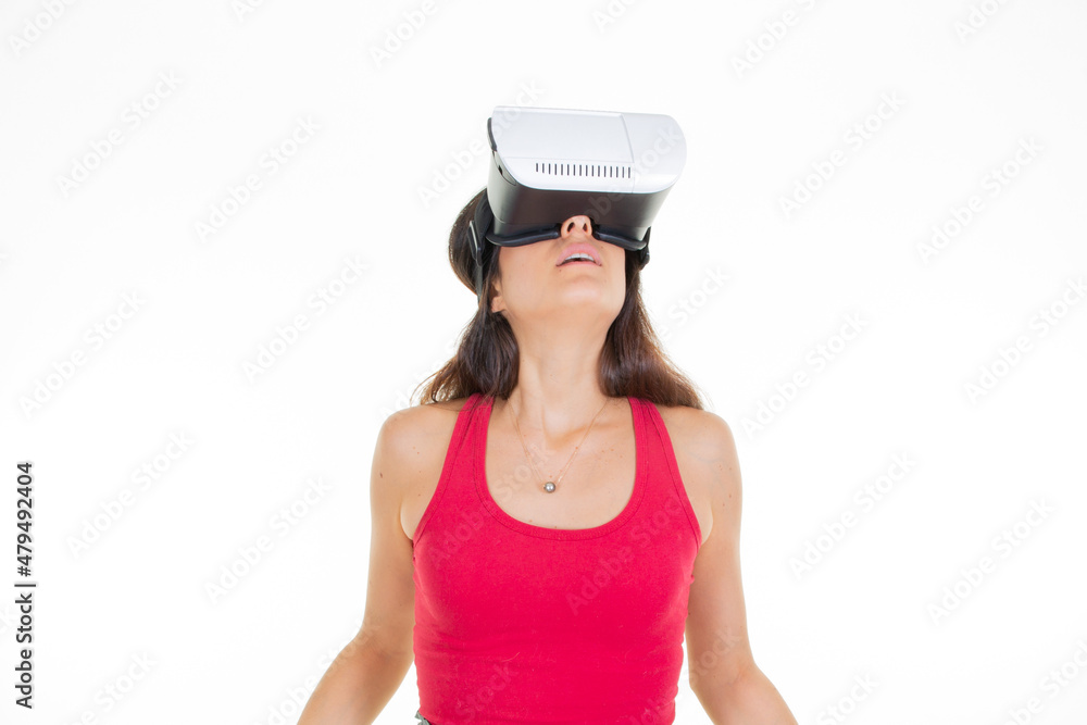 vr woman wearing goggles virtual Reality Headset Over Isolated white Background vr woman wearing goggles virtual Reality Headset Over Isolated white Background