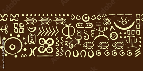Ethnic background, seamless border. Adinkra Symbols, african style. Hand drawn abstract vector design