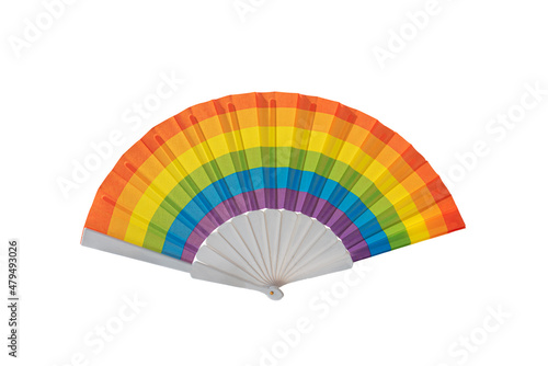 Hand fan painted in the colours of the gay pride flag on a white background