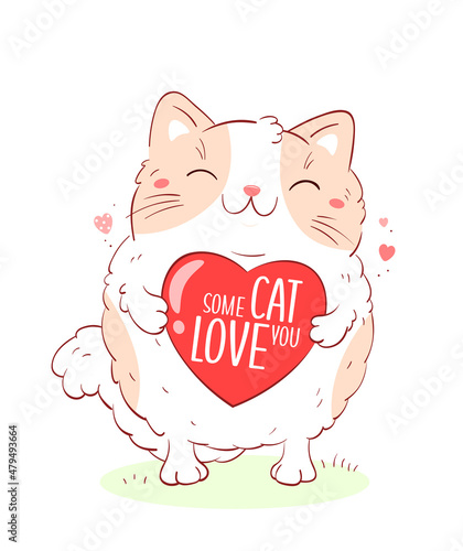 Cute Valentine card in kawaii style. Lovely cat with pink heart