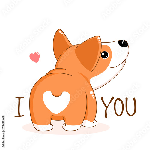 Funny Valentine's day card. Cute heart on corgi butt. Inscription I love you and kawaii welsh corgi. Vector illustration EPS8