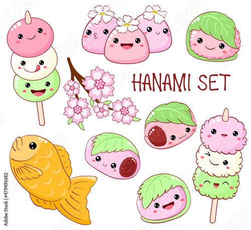 Set of cute hanami season desserts icons in kawaii style. Japanese traditional cuisine dishes