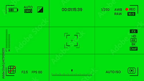 Green colored chroma key camera rec frame viewfinder overlay background screen flat style design vector illustration. Chroma key VFX screen camera overlay abstract background concept for video footage