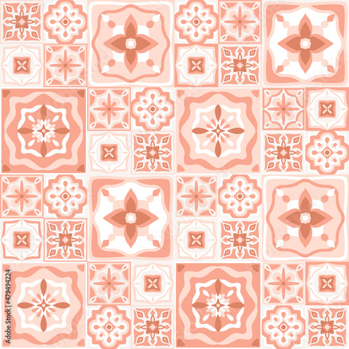 Ceramic tile pattern. Patchwork ornaments, Moroccan, Portuguese tiles, Azulejo in pink pastel colors. Majolica design, decorative background, vector illustration.