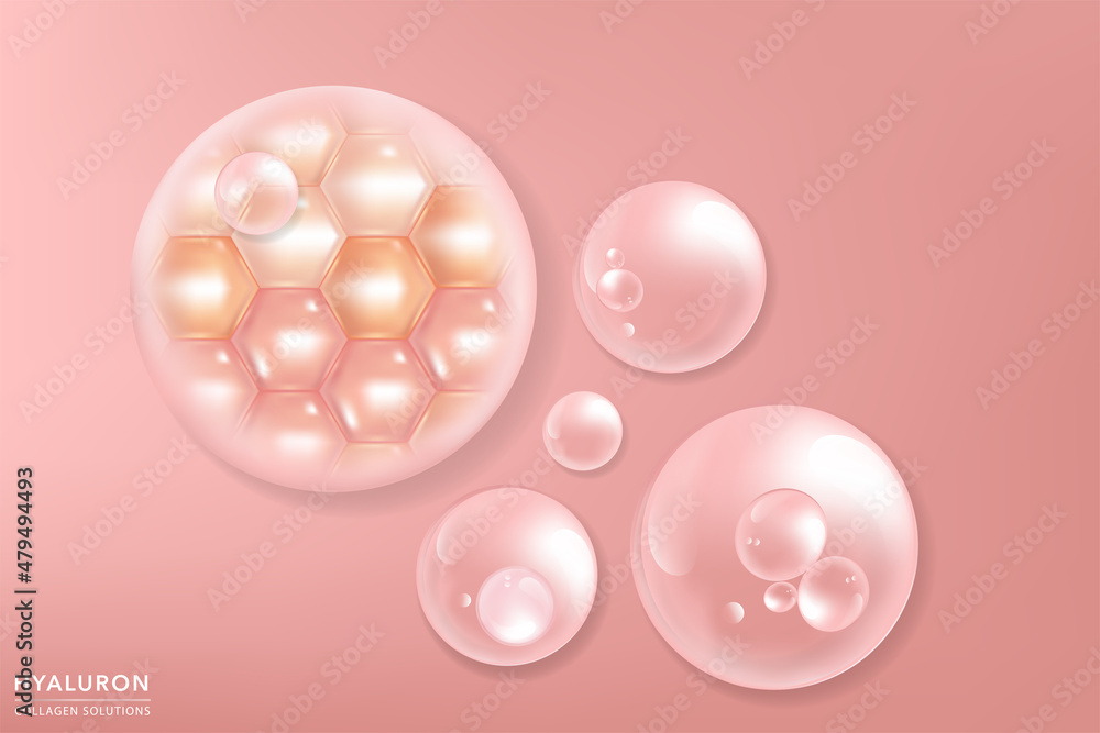 Hyaluronic acid skin solutions ad, pink collagen serum drops with cosmetic advertising background ready to use, illustration vector. Hyaluronic acid skin solutions ad, pink collagen serum drops with cosmetic advertising background ready to use, illustration vector.