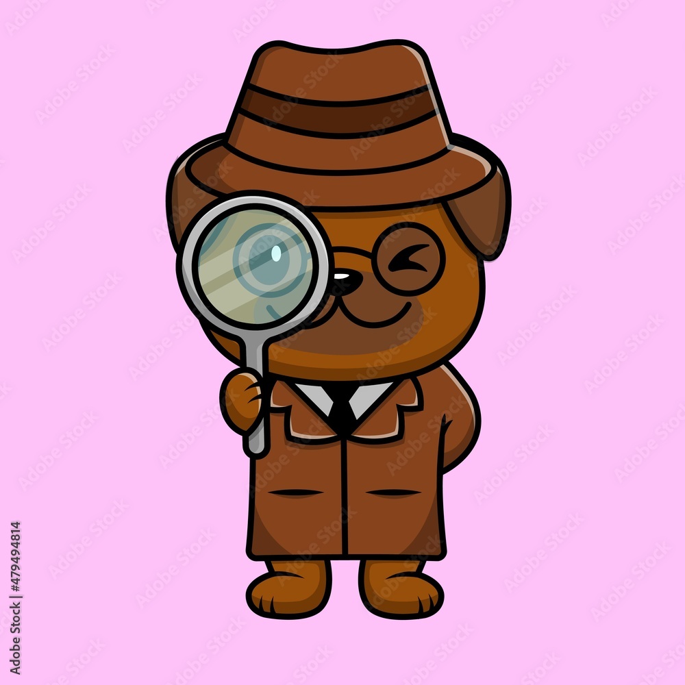 Cute Pug Dog Detective With Magnifying Glass Cartoon Vector Icon ...