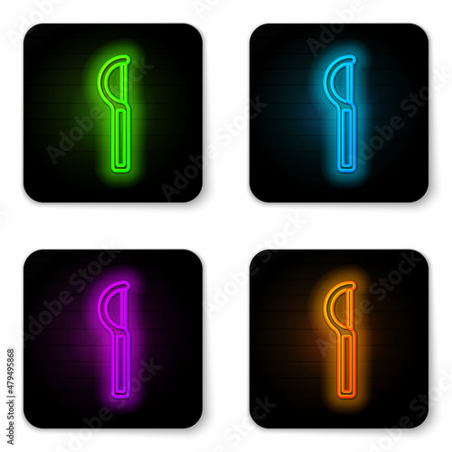 Glowing neon line Dental floss icon isolated on white background. Black square button. Vector