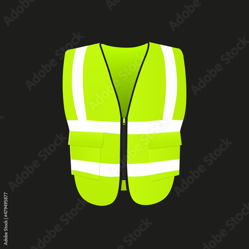 Green fluorescent safety vest reflective at night, realistic 3d mockup. Yellow protective jacket for construction worker