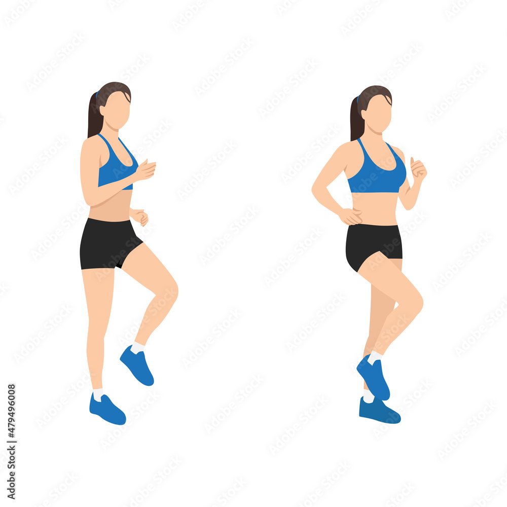Woman doing march in place exercise. Flat vector illustration isolated on white background Woman doing march in place exercise. Flat vector illustration isolated on white background