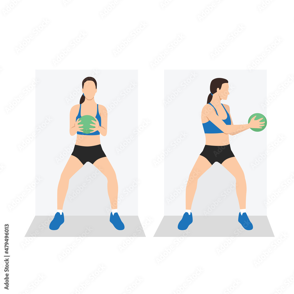 Woman doing Medicine ball Wall sit rotation exercise. Flat vector illustration isolated on white background. workout character set Woman doing Medicine ball Wall sit rotation exercise. Flat vector illustration isolated on white background. workout character set