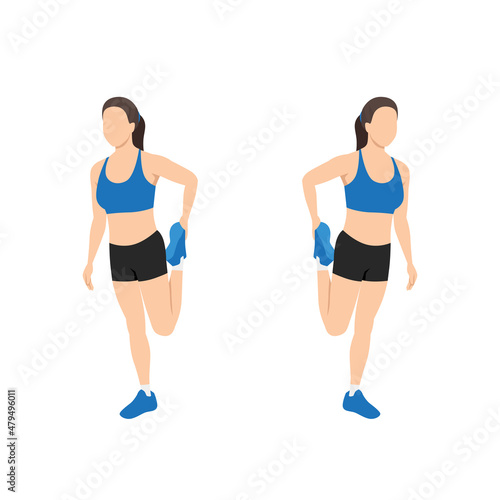 Woman doing Standing quad stretch exercise. Flat vector illustration isolated on white background