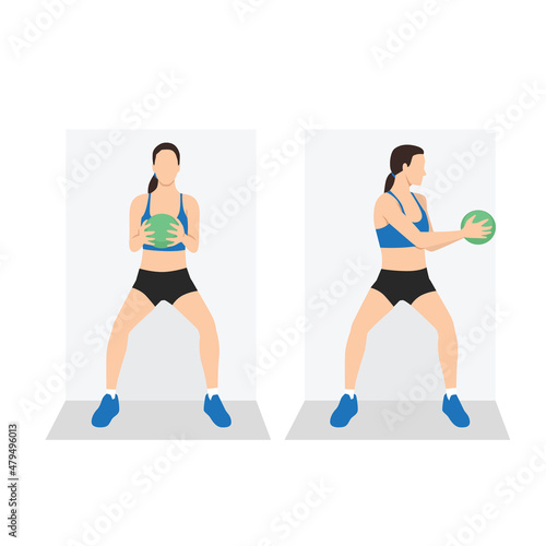 Woman doing Medicine ball Wall sit rotation exercise. Flat vector illustration isolated on white background. workout character set