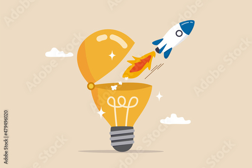 Innovation to launch new idea, entrepreneurship or startup, creativity to begin business or breakthrough idea concept, innovative rocket launch flying high from opening bright lightbulb idea. photo