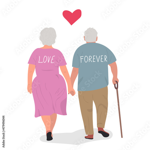 back view of elderly couple walking tenderly. Love and take care together. love forever. Vector illustration