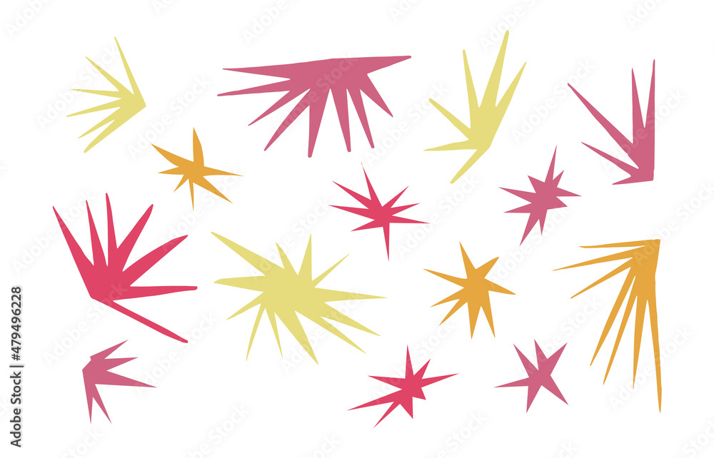 Abstract stars cut from paper. Set of hand carved spiky star shapes isolated on white background. Vector illustration in collage technique.