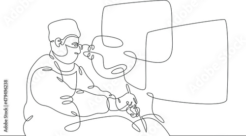 One continuous line.Doctor surgeon performs an operation using a monitor. Laparoscopy surgery.Continuous line drawing abstract logo.Lineart isolated white background.
