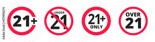 Under 21 forbidden round icon sign vector illustration set. Twenty one years or older persons adult content 21 plus only rating isolated on white background. photo