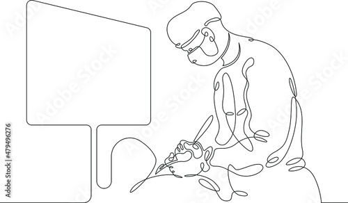 One continuous line.Doctor surgeon performs an operation using a monitor. Laparoscopy surgery.Continuous line drawing abstract logo.Lineart isolated white background.
