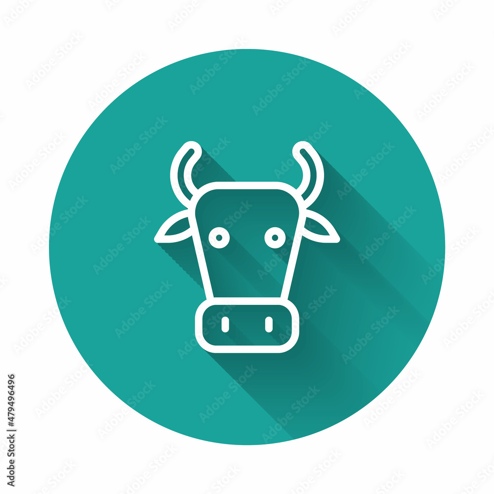 White line Cow icon isolated with long shadow. Green circle button. Vector