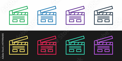 Set line Bollywood indian cinema icon isolated on black and white background. Movie clapper. Film clapper board. Cinema production or media industry. Vector