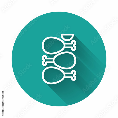 White line Indian traditional food Tandoori chicken icon isolated with long shadow. Green circle button. Vector