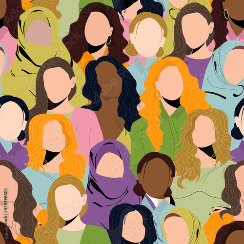 Women's day pattern with women faces. Female diverse faces of different ethnicity photo